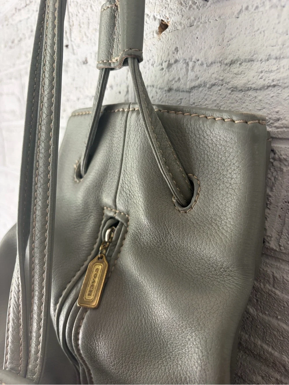 Gray/Green  Leather Backpack Tote - Minimal Drawstring Style